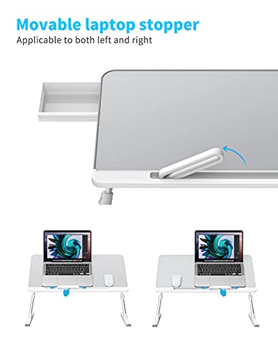 SAIJI Mesa para Cama Mesa para Portátil Ajustable ​con Cajón de Almacenamiento Patas Plegables Pies de Trineo Tablero de Cuero de PVC, Escritorio Portatil para Cama, Sofá, Piso (Gris)