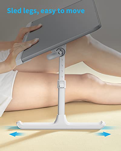 SAIJI Mesa para Cama Mesa para Portátil Ajustable ​con Cajón de Almacenamiento Patas Plegables Pies de Trineo Tablero de Cuero de PVC, Escritorio Portatil para Cama, Sofá, Piso (Gris)