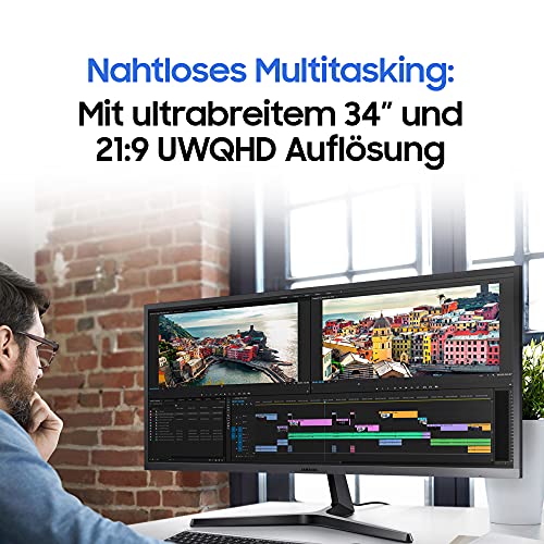 Samsung LS34J552WQRXEN - Monitor 34" UltraWide QHD, 3440x1440, 4 ms, 75 Hz, FreeSync, LED, VA, 21:9, 3000:1, 300 CD/m², 178°, HDMI, PBP, Pip, Base en V, Gaming, Negro