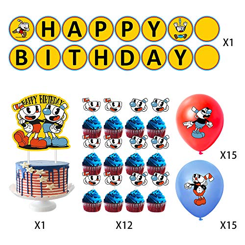 SANXDI Cuphead Juego de decoración de fiesta temática, juego de dibujos animados, suministros de feliz cumpleaños para niños, con pancarta de látex, globos para tartas, accesorios