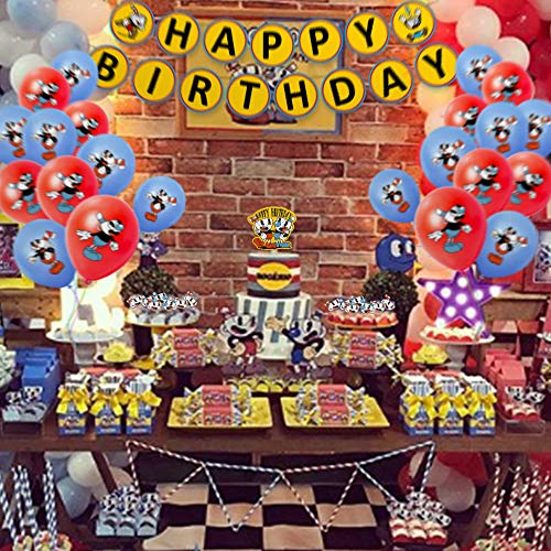 SANXDI Cuphead Juego de decoración de fiesta temática, juego de dibujos animados, suministros de feliz cumpleaños para niños, con pancarta de látex, globos para tartas, accesorios