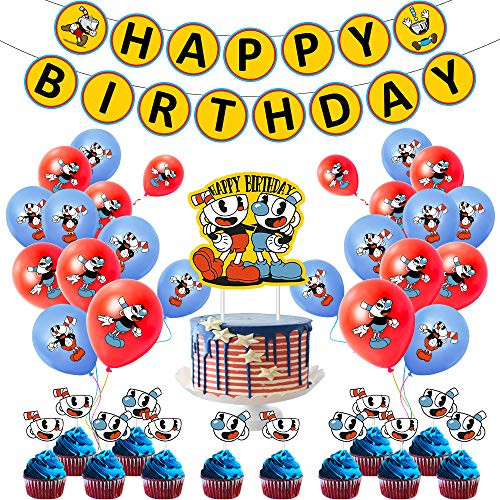 SANXDI Cuphead Juego de decoración de fiesta temática, juego de dibujos animados, suministros de feliz cumpleaños para niños, con pancarta de látex, globos para tartas, accesorios