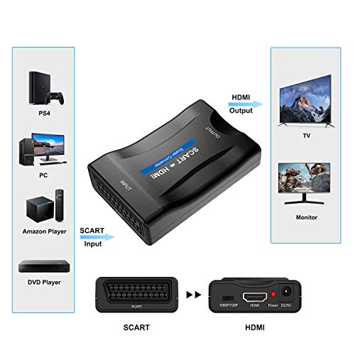 SCART a HDMI Convertidor, Convierte la Entrada de euroconector analógica en Salida HDMI 720P / 1080p (60Hz), para HDTV STB VHS Xbox PS3 Sky BLU-Ray DVD Player Monitor proyector