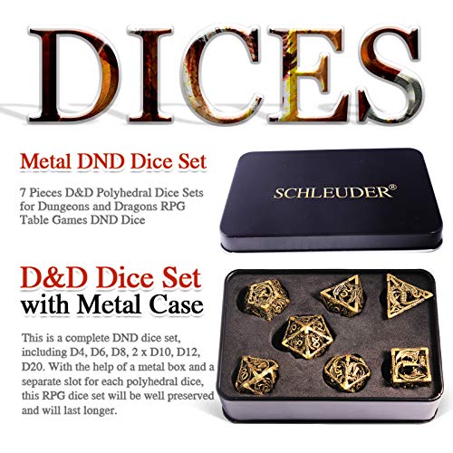 Schleuder D&D Dados para Dungeons and Dragons Dados de rol, Dice Metal Gold Set Juegos de rol, RPG Hueco Forma de Dragón Poliédricos Juego de Dados (Oro Bronce)
