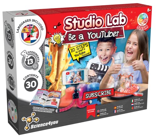 Science4you Hazte Youtuber, Kit Cientifico para Niños 8+ Años - Crea tu Canal, Haz 13 Experimentos con el Laboratorio de Quimica: Volcán, Ciencia Explosiva y más, Juegos Educativos para Niños