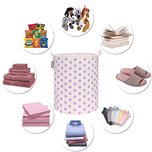 Sea Team - Recubrimiento impermeable de gran tamaño de 19.7 pulgadas,tela de algodón ramio, cesto de lavandería plegable, canasta cilíndrica de lona de arpillera, con elegante diseño de puntos morados