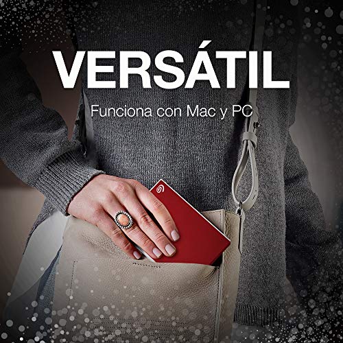 Seagate Backup Plus Slim, 2 TB, Disco duro externo portátil para PC y Mac, USB 3.0, 2 años servicios Rescue, Rojo (STHN2000403)