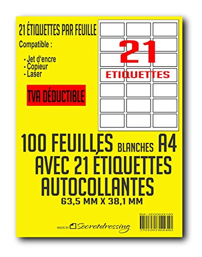 SECRETDRESSING ® – 100 hojas A4 de 21 = 2100 etiquetas autoadhesivas de papel blanco – 63,5 x 38,1 mm – Compatible con código de barras FBA – (L7160) IVA DEDUCTIBLE