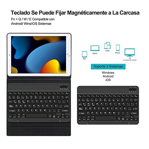 SENGBIRCH Teclado para iPad 10.2 Pulgadas 9ª (2021)/8ª (2020)/7ª (2019)/Air 3 /Pro 10.5, Funda con Ranura de Lápiz y Teclado Bluetooth Desmontable Español con Retroiluminado, Negro