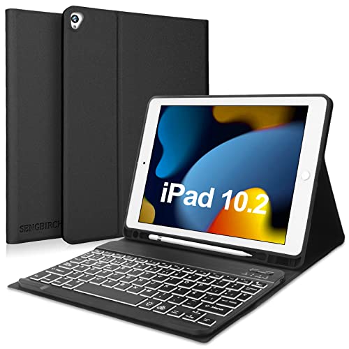 SENGBIRCH Teclado para iPad 10.2 Pulgadas 9ª (2021)/8ª (2020)/7ª (2019)/Air 3 /Pro 10.5, Funda con Ranura de Lápiz y Teclado Bluetooth Desmontable Español con Retroiluminado, Negro