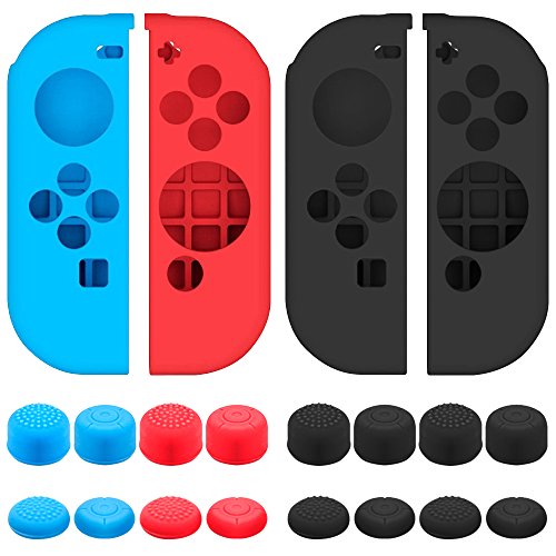 Senhai Funda Protectora para Nintendo Switch Joy-con con Tapa de Pulgar, Paquete de 2 Paquetes Anti-Deslizante de Silicona con 16 Almohadillas de Palo - Negro, Azul + Rojo