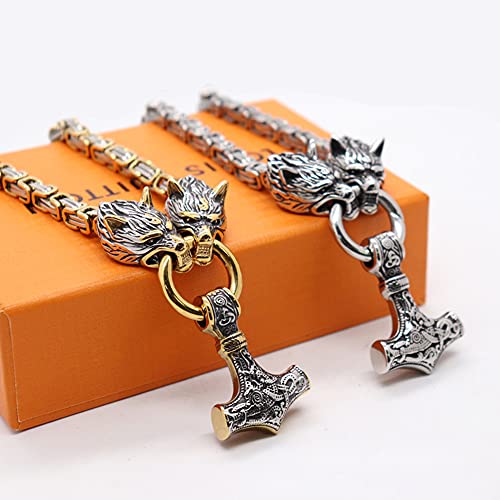 Serired Colgante de Martillo Vikingo de 2 Piezas Collar, Collar de Cadena Nórdico Odin Celtic Wolf Head King, Joyas Steam Heavy Punk de Acero Inoxidable 316L para Hombre,60cm