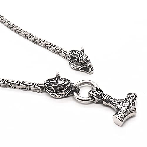 Serired Colgante de Martillo Vikingo de 2 Piezas Collar, Collar de Cadena Nórdico Odin Celtic Wolf Head King, Joyas Steam Heavy Punk de Acero Inoxidable 316L para Hombre,60cm