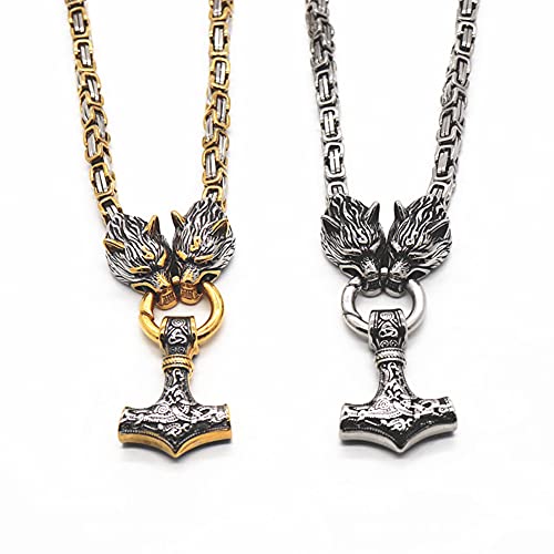 Serired Colgante de Martillo Vikingo de 2 Piezas Collar, Collar de Cadena Nórdico Odin Celtic Wolf Head King, Joyas Steam Heavy Punk de Acero Inoxidable 316L para Hombre,60cm