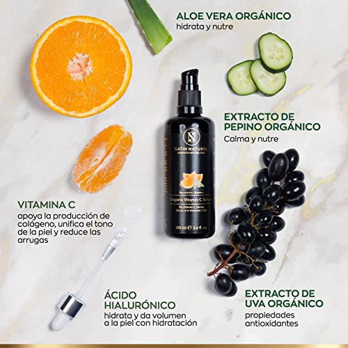 Serum de Vitamina C orgánico con Acido Hialuronico - 100ml - Doble Complejo 30% Vitamina C, E, Aloe Vera - Vegano de Alta Calidad - Serum Facial Hecho en Alemania - Satin Naturel