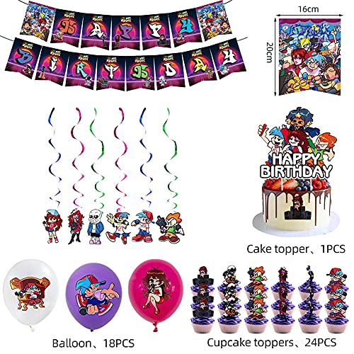 Set de Fiesta de Cumpleaños Friday Night Funkin, 50 Piezas Decoración de Cumpleaños Friday Night Funkin Globos Pancartas Adornos de Pastel Remolinos Decoraciones de Tema de Juego para Niños y Adultos