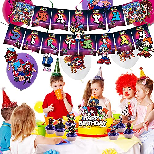 Set de Fiesta de Cumpleaños Friday Night Funkin, 50 Piezas Decoración de Cumpleaños Friday Night Funkin Globos Pancartas Adornos de Pastel Remolinos Decoraciones de Tema de Juego para Niños y Adultos