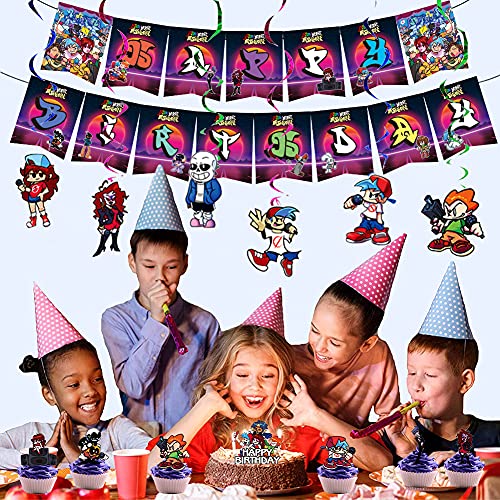 Set de Fiesta de Cumpleaños Friday Night Funkin, 50 Piezas Decoración de Cumpleaños Friday Night Funkin Globos Pancartas Adornos de Pastel Remolinos Decoraciones de Tema de Juego para Niños y Adultos