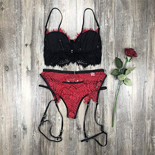 Sexoo Conjunto de Lencería para Mujer con Liguero Sexy Ropa Interior Camisón Babydoll Cuello V de Encaje Ropa de Dormir 3 Piezas