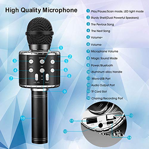 ShinePick Micrófono Karaoke Bluetooth, Microfono Inalámbrico Karaoke Portátil con Altavoz y LED para Niños Canta Partido Musica, Compatible con Android/iOS PC, AUX o Teléfono Inteligente (Negro)