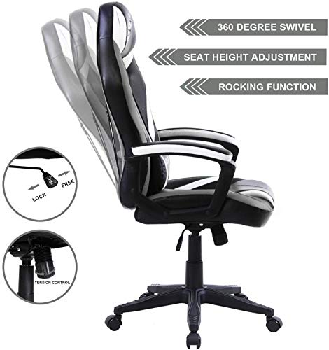 Silla de Juego para Adultos, Silla de Oficina con Masaje, Silla Gaming Grande, Silla de Oficina con Fibra de Carbono, Silla Gaming de Escritorio Ergonómica PC de Oficina, Apoyabrazos Acolchados(Gris)