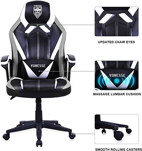 Silla de Juego para Adultos, Silla de Oficina con Masaje, Silla Gaming Grande, Silla de Oficina con Fibra de Carbono, Silla Gaming de Escritorio Ergonómica PC de Oficina, Apoyabrazos Acolchados(Gris)