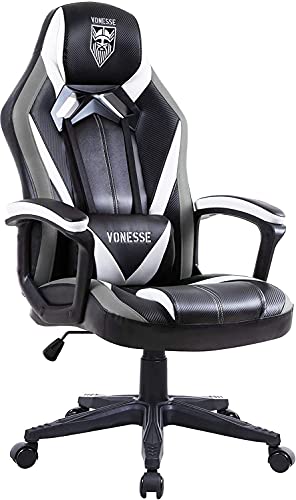 Silla de Juego para Adultos, Silla de Oficina con Masaje, Silla Gaming Grande, Silla de Oficina con Fibra de Carbono, Silla Gaming de Escritorio Ergonómica PC de Oficina, Apoyabrazos Acolchados(Gris)