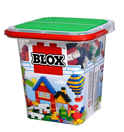 Simba 104114519 – Blox 500 Bloques de construcción en Cubo, para niños a Partir de 3 años, Diferentes Piedras, 16 Ventanas, 4 Puertas, con Placa Base, Totalmente Compatible, Colores Mezclados
