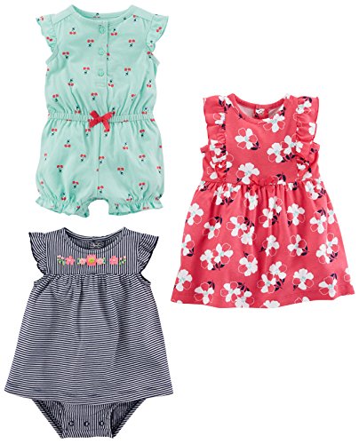 Simple Joys by Carter's Baby Girls paquete de 3 pelele, traje de sol y vestido ,Mint Cherries/Navy Stripe/Pink Floral ,12 Months
