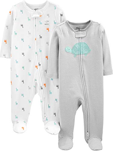 Simple Joys by Carter's Neutral 2-Pack Cotton Footed Sleep and Play Infant Toddler-Bodysuit-Footies, Gris/Blanco, Tortuga/Llama, 3-6 Meses, Pack de 2