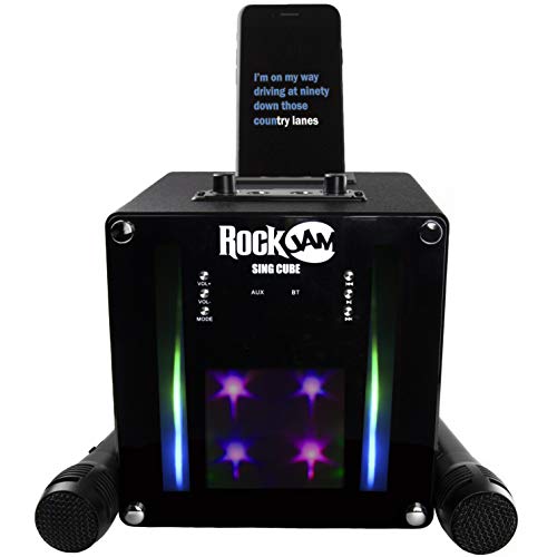 Singcube RockJam - Máquina de Karaoke Bluetooth recargable de 5 vatios con dos micrófonos, efectos de cambio de voz y luces LED