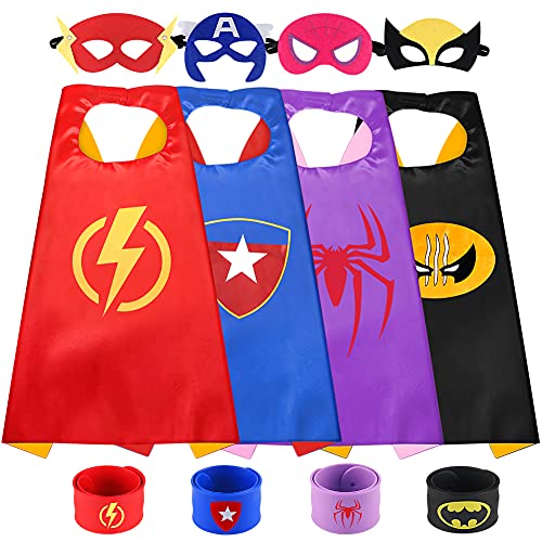 Sinoeem Capas de Superhéroes para Niños - 4 Capa y 4 Máscaras y 4 Slap Pulseras - Ideas Kit de Navidad de Cumpleaños de Fiesta de Cosplay de Diseño de Valor - Juguetes para Niños y Niñas