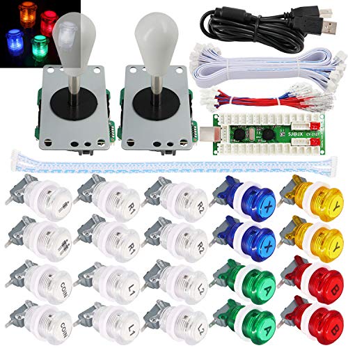 SJ@JX 2 Player Arcade Game Stick DIY Kit Buttons with Logo LED 8 Way Joystick USB Encoder Cable Controller for PC MAME Raspberry Pi Color Mix