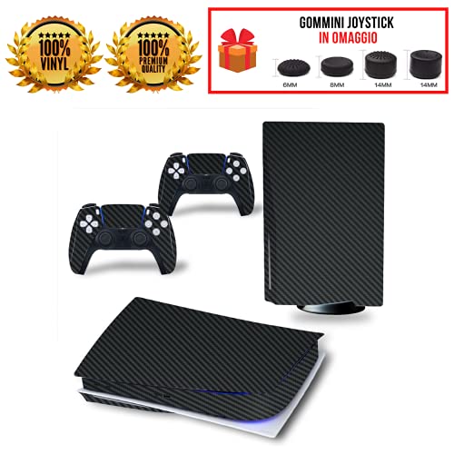 Skin Kit adhesivo efecto carbono negro película antiarañazos 100 % vinilo HD Quality para PS5 versión DISC/STANDARD Edition + Set 4 pares de gomas para controlador Joystick PlayStation 5