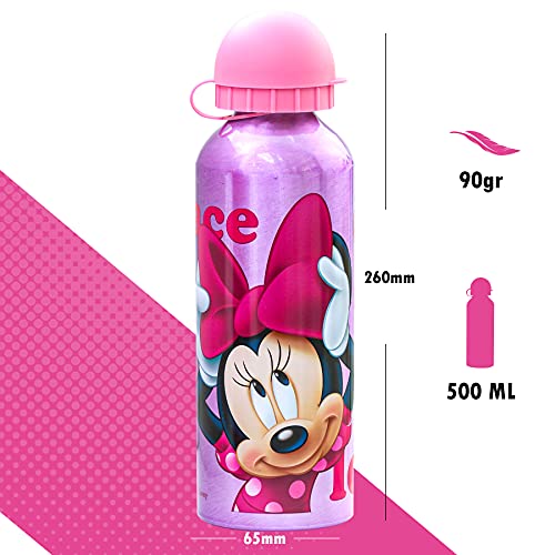 SKYLINE Cantimplora Infantil 500 ML, Minnie Mouse, Botella Aluminio para Niñas, Con Tapa Hermética, Sin BPA, Para Llevar a la Escuela, Parque, Deportes etc