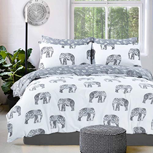 Sleepdown Elefante Blanco Gris Reversible Suave de fácil Cuidado, Juego de Cama de edredón con Fundas de Almohada a Juego – King (220 cm x 230 cm)