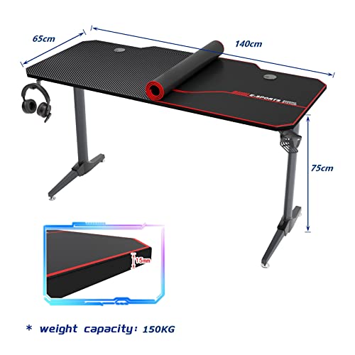 sogesfurniture Mesa de Juegos para computadora, Ergonomic Gaming Desk Mesa de Juegos para PC con Portavasos y Gancho para Auriculares, 140x65x75cm, Negro ST-Eagle-1400BK-BH