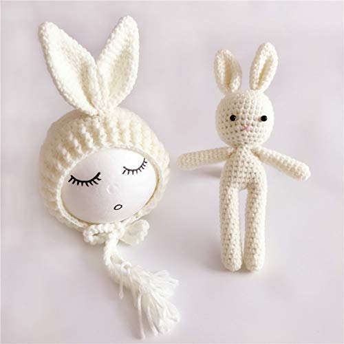 Sombrero de Conejo y Juego de muñecas Traje de Punto de Ganchillo para bebé recién Nacido Fotografía Prop (Blanco)