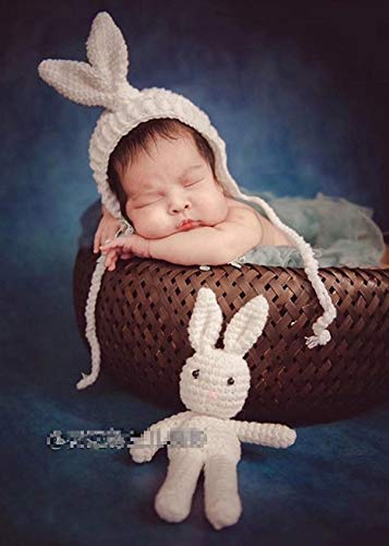 Sombrero de Conejo y Juego de muñecas Traje de Punto de Ganchillo para bebé recién Nacido Fotografía Prop (Blanco)