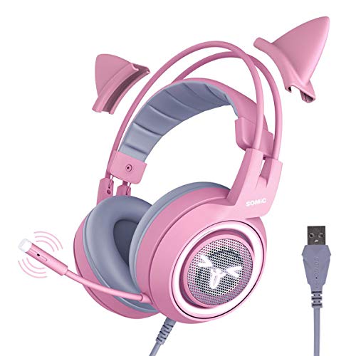 SOMIC Auriculares para juegos Pink Cat con luz virtual y LED 7.1, sonido envolvente, auriculares con micrófono con cancelación de ruido para computadora, PS4, computadora portátil para niñas, mujer