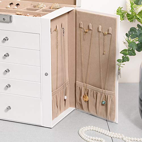 SONGMICS Caja Grande de Joyas, Caja Joyero de 6 Niveles con Puertas Laterales, Cajones, Espejo y Cerradura, para Pulseras, Pendientes, Anillos, Collares, Relojes, Blanco, Navidad, JBC152W01