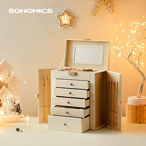 SONGMICS Caja Grande de Joyas, Caja Joyero de 6 Niveles con Puertas Laterales, Cajones, Espejo y Cerradura, para Pulseras, Pendientes, Anillos, Collares, Relojes, Blanco, Navidad, JBC152W01