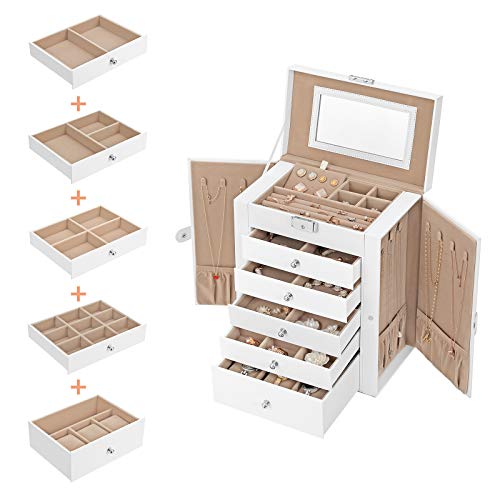 SONGMICS Caja Grande de Joyas, Caja Joyero de 6 Niveles con Puertas Laterales, Cajones, Espejo y Cerradura, para Pulseras, Pendientes, Anillos, Collares, Relojes, Blanco, Navidad, JBC152W01