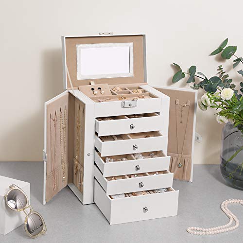 SONGMICS Caja Grande de Joyas, Caja Joyero de 6 Niveles con Puertas Laterales, Cajones, Espejo y Cerradura, para Pulseras, Pendientes, Anillos, Collares, Relojes, Blanco, Navidad, JBC152W01
