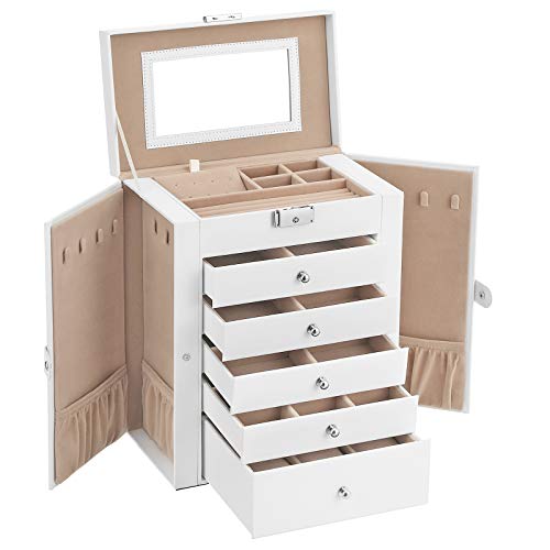 SONGMICS Caja Grande de Joyas, Caja Joyero de 6 Niveles con Puertas Laterales, Cajones, Espejo y Cerradura, para Pulseras, Pendientes, Anillos, Collares, Relojes, Blanco, Navidad, JBC152W01