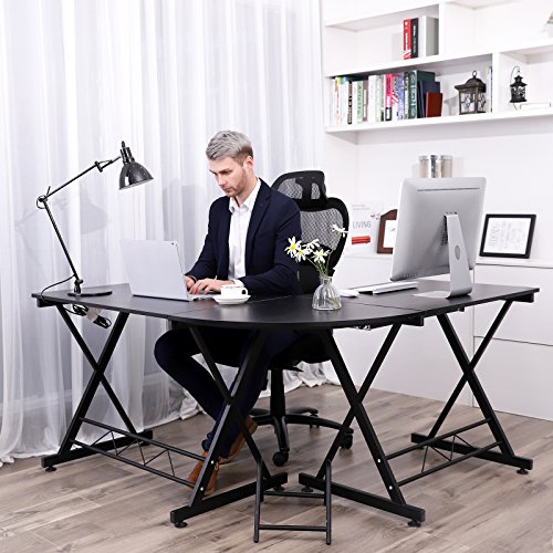 Songmics Escritorio de la Computadora con Portateclado Mesa de Ordenador Moderna Escritorio para Hogar o Oficina Negro, 150 x 138 x 75 cm, LCD402B