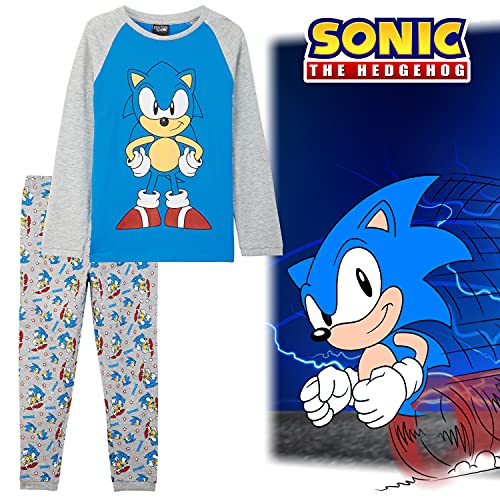 Sonic The Hedgehog Pijama Niño, Pijamas De Algodon De Manga Larga, Gaming Merchandise para Niños Y Adolescente De 4 A 14 Años (Azul/Gris, 7-8 años)