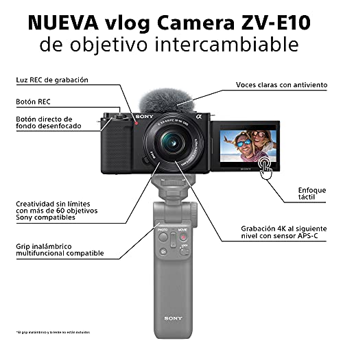 Sony Alpha ZV-E10 - Cámara Vlog de objetivo intercambiable sin espejo APS-C, pantalla de ángulo variable para vlogging, vídeo 4K, enfoque automático en tiempo real, color negro
