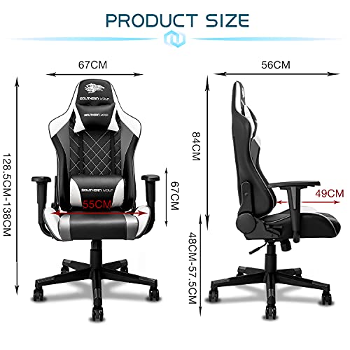 SOUTHERN WOLF Silla Gaming, Silla Gamer con Soporte Lumbar y reposapiés retráctil, Silla de Oficina para Video Juegos Respaldo Alto Asiento de Carreras, Azul, One Size, SW2