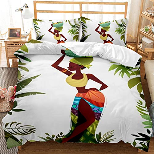 Sticker Superb. Juego de Ropa de Cama Mujer Africana Impresión 3D Étnico Geométrico Graffiti Blanco Verde Marrón Negro Púrpura Chica Poliéster Funda Nórdica y Funda de Almohada (Verde,Cama 180 cm)